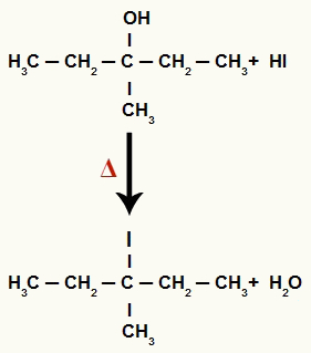 Equação de formação do 3-iodo-3-metil-pentano e água