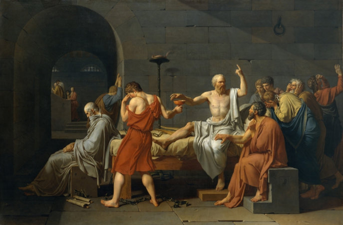 A morte de Sócrates, em pintura de Jacques Louis David (1787).