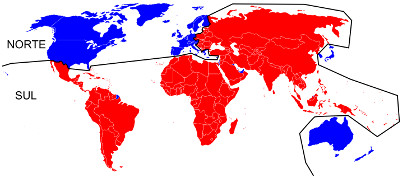 Divisão entre o sul subdesenvolvido (em vermelho) e o norte desenvolvido (azul)