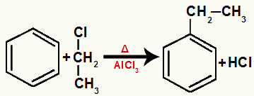 Equação representando uma alquilação do benzeno com cloreto de etila