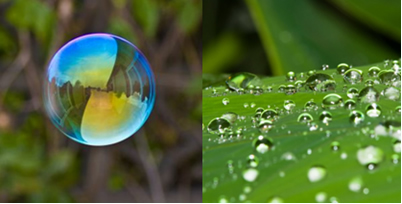A tensão superficial da água explica o formato esférico da bolha de sabão e da gota de água