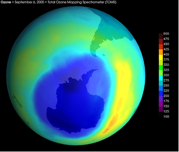 Imagem do buraco na camada de ozônio na Antártida registrada em setembro de 2000 pela Nasa