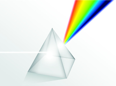 A figura mostra a decomposição da luz branca nas cores do arco-íris após atravessar um prisma de vidro