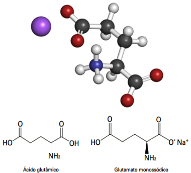 Estrutura do glutamato monossódico e do ácido glutâmico