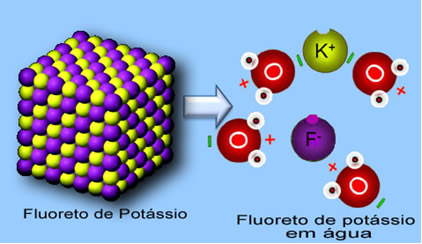 Na dissolução do fluoreto de potássio em água, os átomos de hidrogênio interagem com os ânions e os oxigênio com os cátions