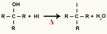 Equação de formação do haleto orgânico e água na redução do álcool