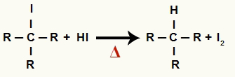 Equação de formação do alcano e do iodo sólido na redução do álcool