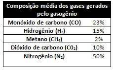 Composição média de gases gerados pelo gasogênio 