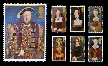 Conjunto de selos ingleses retratando Henrique VIII e suas seis esposas