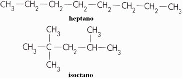 Estruturas do heptano e do isoctano