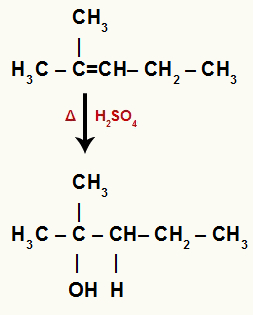 Equação química que representa a hidratação do 2-metil-pent-2-eno