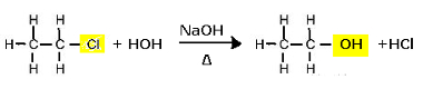 Reação de substituição (hidrólise alcalina) do cloroetano para a formação de um álcool