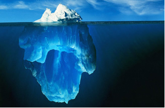 A maior parte do iceberg fica debaixo da superfície da água. 