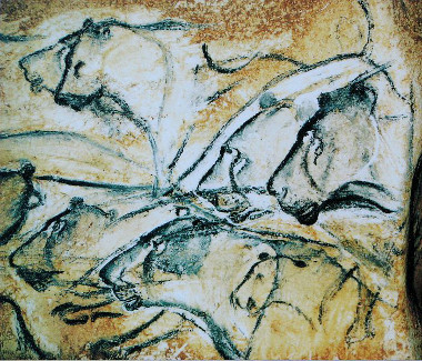 Leões representados em pintura rupestre na caverna de Chauvet, na França