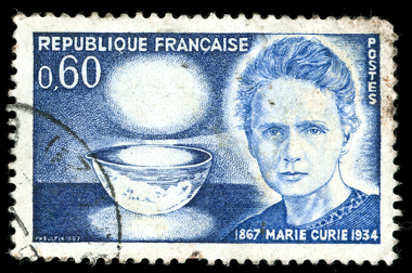 Selo francês mostrando Marie Curie, que ganhou dois prêmios Nobel em Física e Química por seu trabalho com radioatividade e a descoberta de elementos