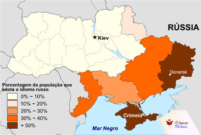 Mapa da concentração da população russa na Ucrânia ¹