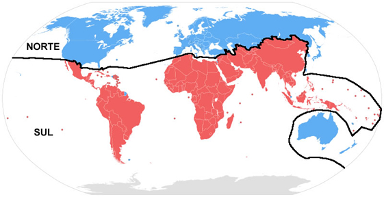 Mapa da regionalização norte-sul, característica da Nova Ordem Mundial
