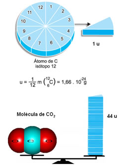 A massa molecular do CO2 corresponde a 44 unidades de massa atômica. 