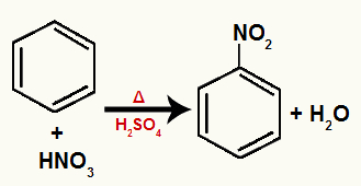 Equação representando uma nitração do benzeno com bromo