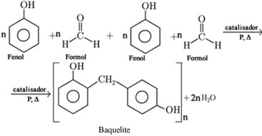 Reação de polimerização entre o fenol e o formol com formação da baquelite