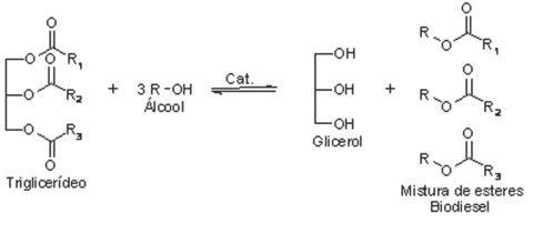 Reação de obtenção de biodiesel por meio do processo de transterificação de triglicerídeos com álcool
