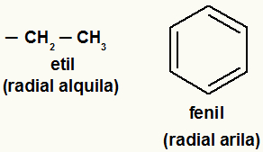 Exemplos de radicais alquila e arila