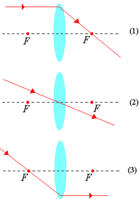 Os três raios usados para encontrar a imagem de um ponto são: o que vem paralelo ao eixo e passa pelo foco (1), o que passa pelo centro da lente sem desviar-se (2) e o que passa pelo foco e sai paralelo ao eixo (3)