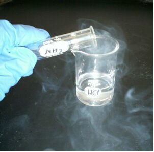 A reação de síntese ou adição do cloreto de amônio pode ser visualizada pela formação da fumaça branca 
