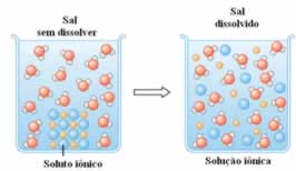 Exemplo de solução iônica entre água e sal
