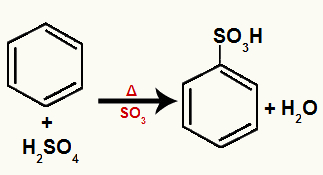 Equação representando uma sulfonação do benzeno com bromo