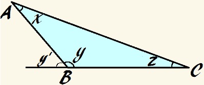 Nesse triângulo, o ângulo y é obtuso e x + y + z = 180°